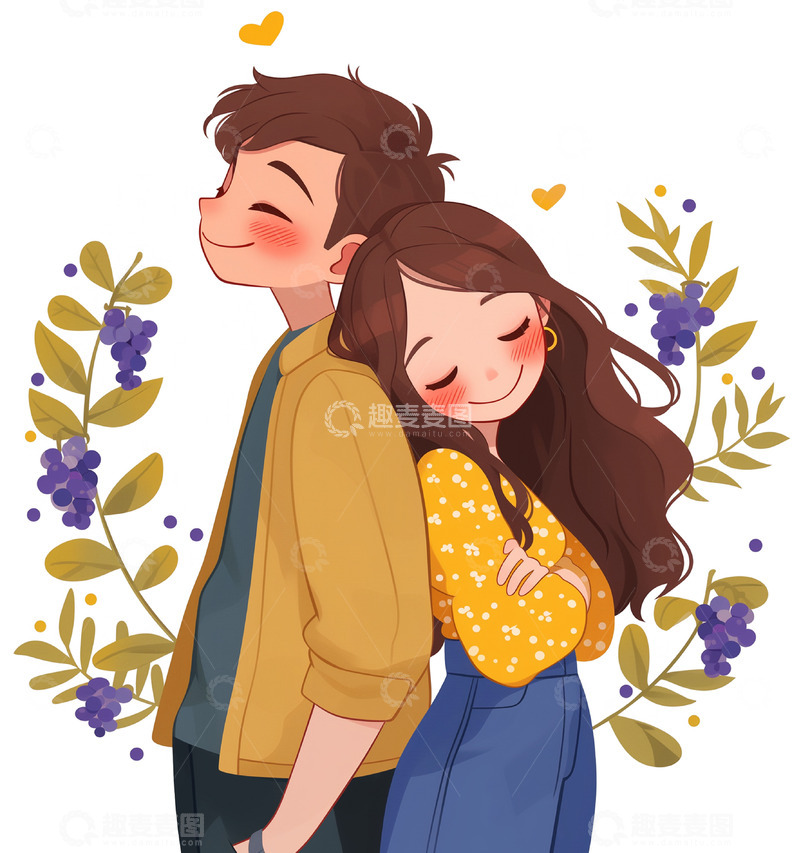 高清大图下载【趣麦麦图】背靠背卡通情侣甜蜜场景