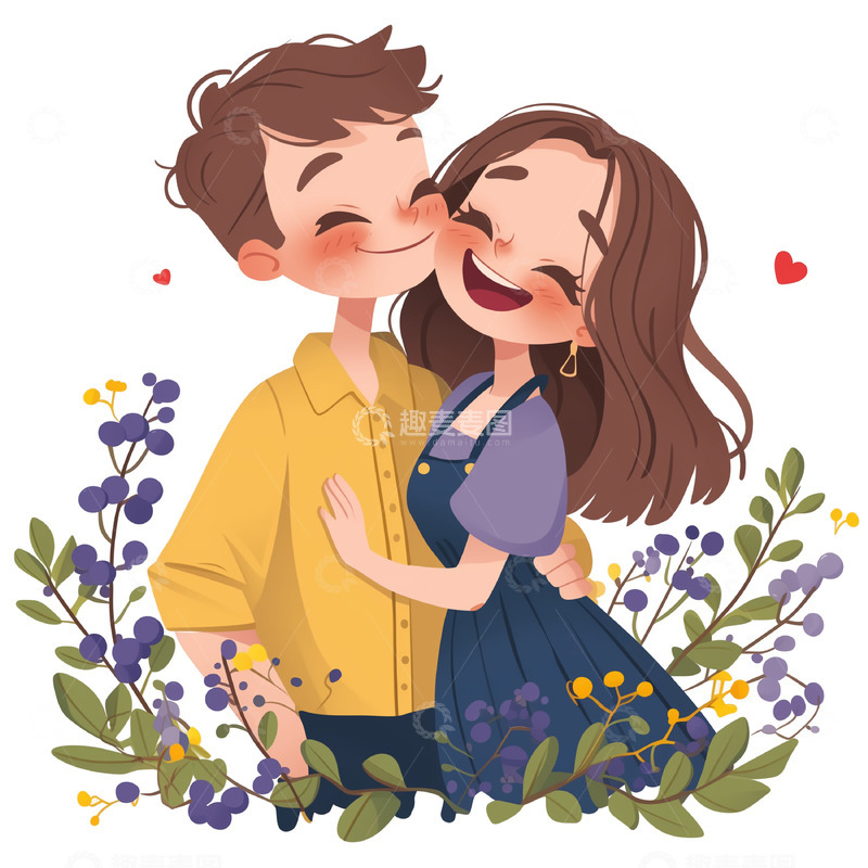 高清大图下载【趣麦麦图】卡通情侣拥抱甜蜜约会场景