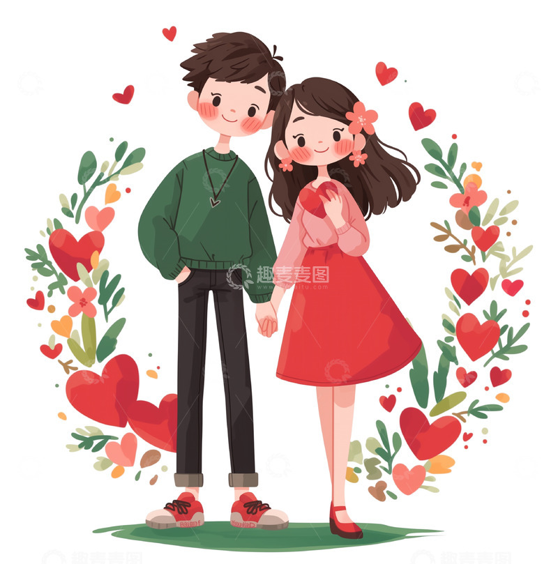 高清大图下载【趣麦麦图】卡通情侣约会花丛元素素材