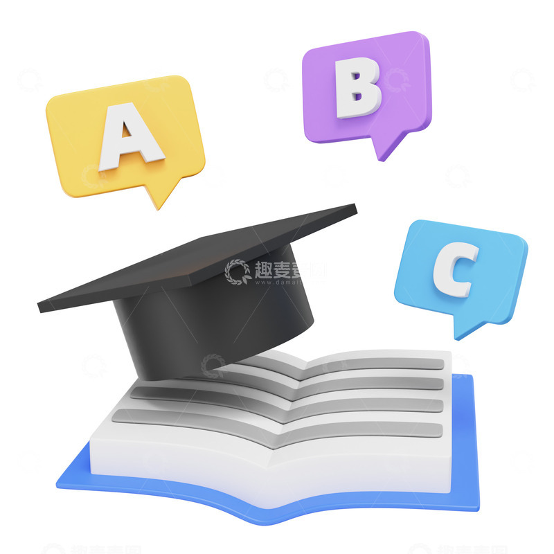 源文件下载【趣麦麦图】3D立体文具学士帽书本