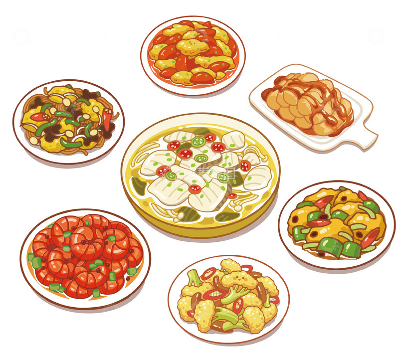 高清大图下载【趣麦麦图】-美食狂欢超多满桌菜品卡通简笔画素材