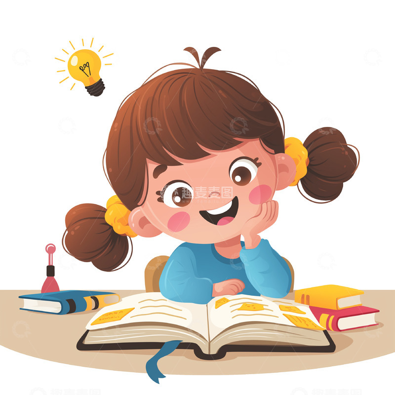 学生读书思考卡通风格素材