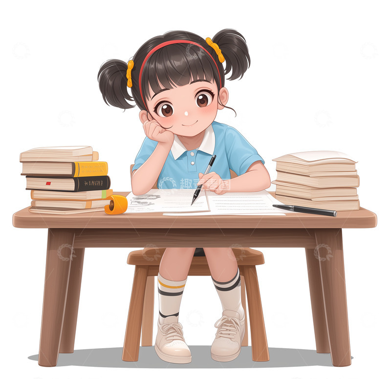 高清大图下载【趣麦麦图】写作业的女学生卡通人物全身素材