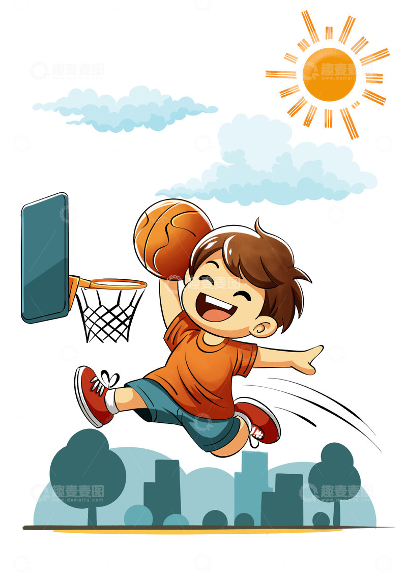 源文件下载【趣麦麦图】夏天暑假打篮球运动城市男孩卡通儿童插画