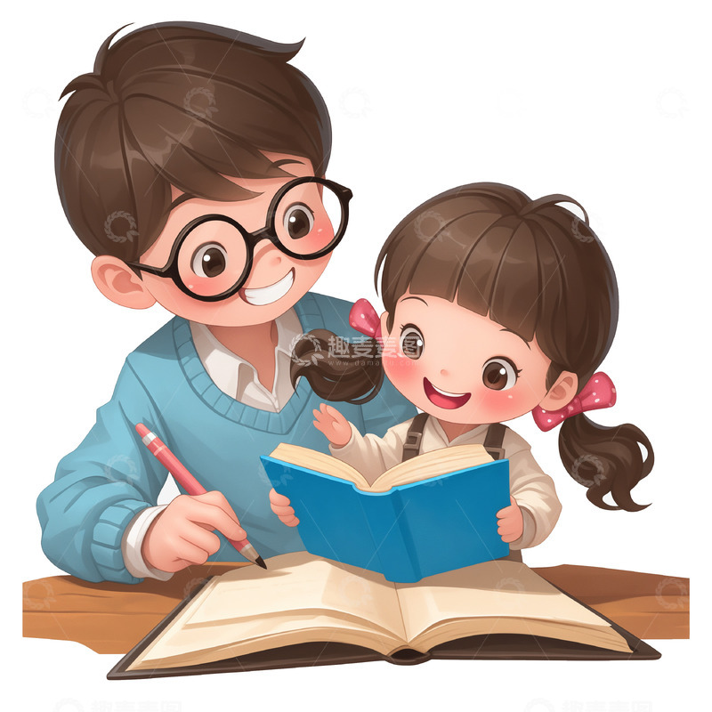 爸爸辅导功课场景卡通插画