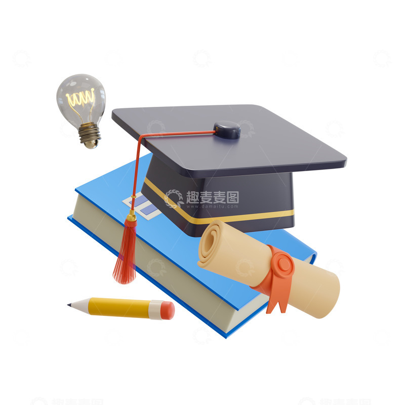 源文件下载【趣麦麦图】卡通学士帽书籍毕业季3D文具素材