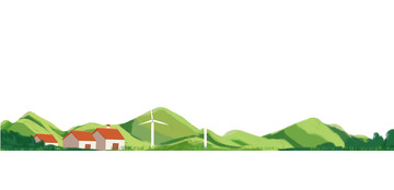 夏天远山小房屋风车绿树手绘元素