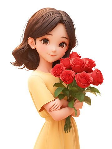 捧着玫瑰花女孩卡通3D