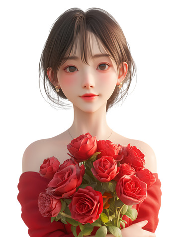 捧着玫瑰花女孩卡通3D
