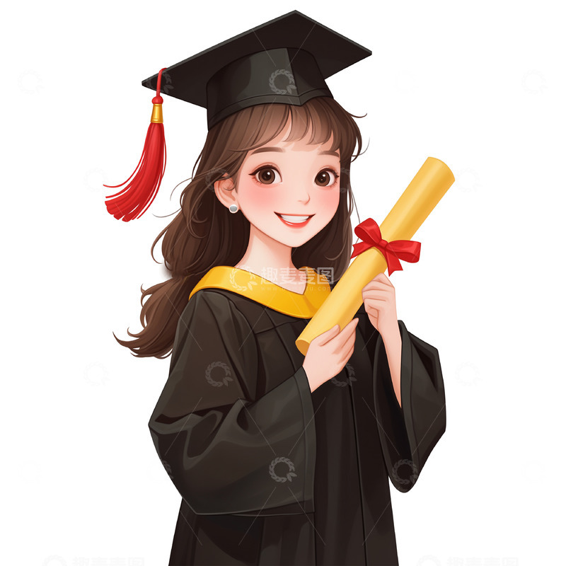 高清大图下载【趣麦麦图】卡通毕业女生手拿毕业证书人物