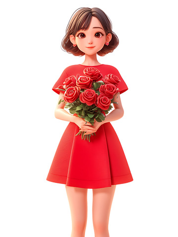 捧着玫瑰花女孩卡通