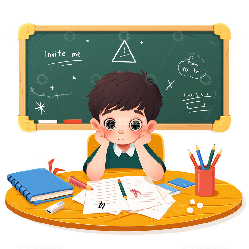 高清大图下载【趣麦麦图】学生做作业思考问题卡通素材