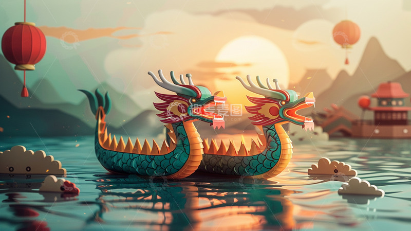 高清大图下载【趣麦麦图】端午节赛龙舟插画背景