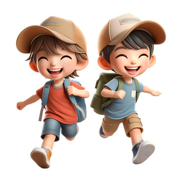 夏天暑假两个戴着棒球帽开心奔跑的小孩