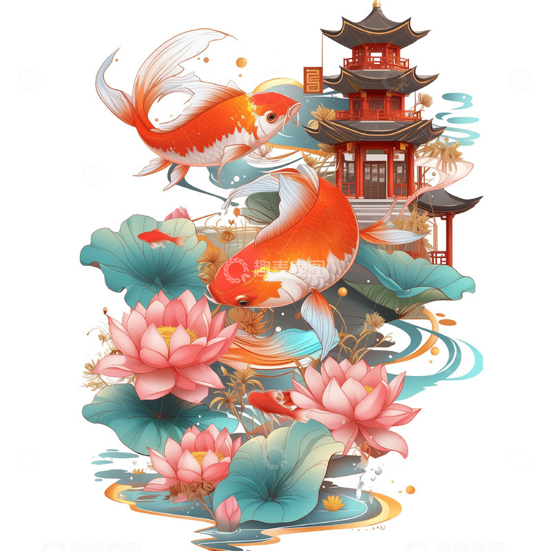 高清大图下载【趣麦麦图】锦锂跃龙门荷花插画素材