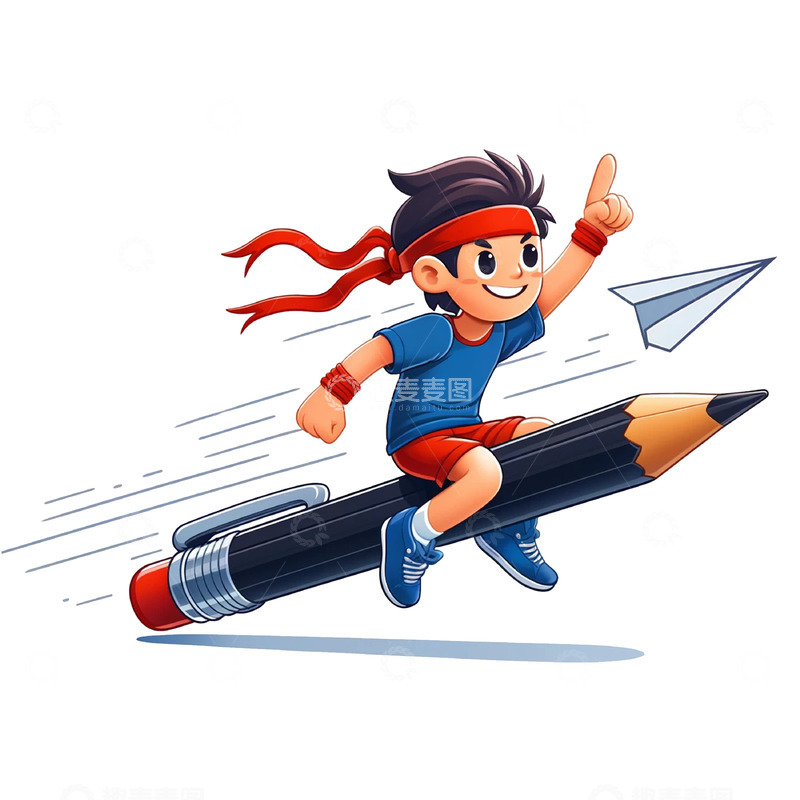 高清大图下载【趣麦麦图】坐大巨大铅笔上的学生冲刺场景插画