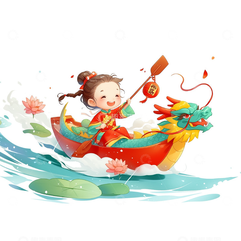 高清大图下载【趣麦麦图】可爱小女孩划龙舟场景素材