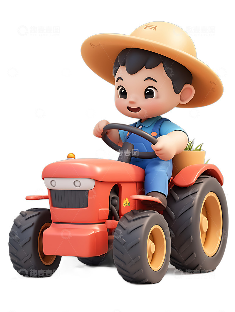 高清大图下载【趣麦麦图】芒种秋收农夫驾驶拖拉机卡通