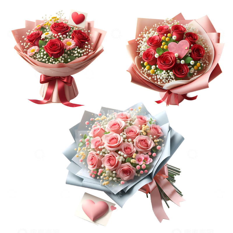高清大图下载【趣麦麦图】红色粉色玫瑰花爱心满天星