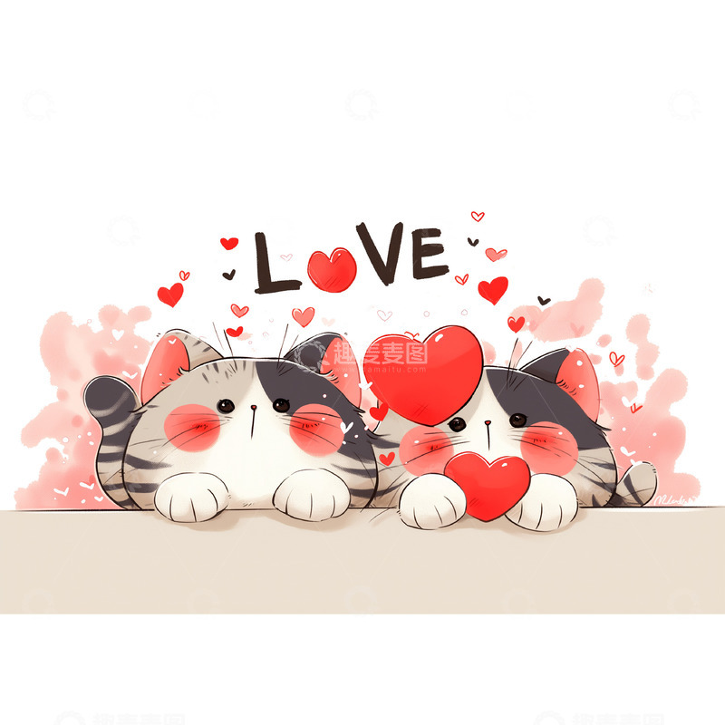 高清大图下载【趣麦麦图】卡通爱情小猫爱心插画素材