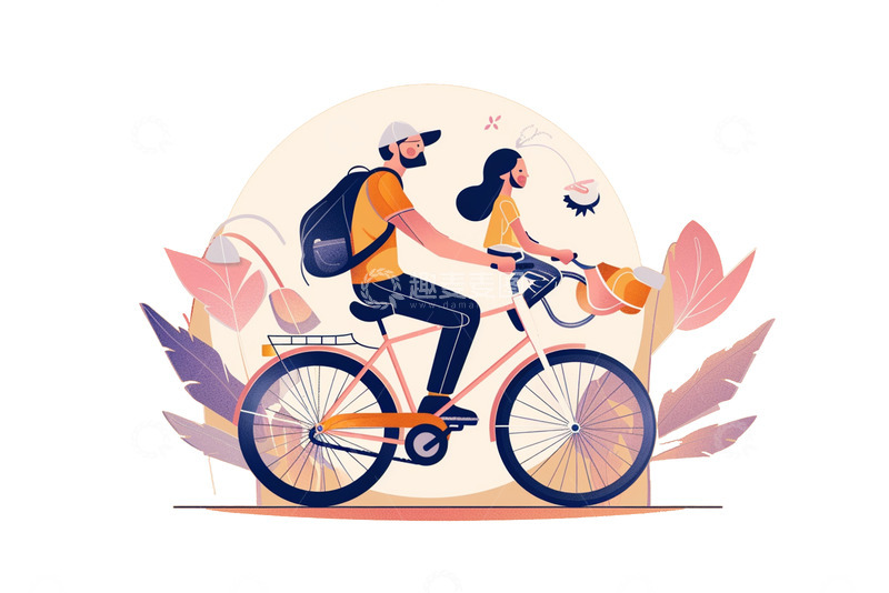 高清大图下载【趣麦麦图】扁平插画父女骑自行车