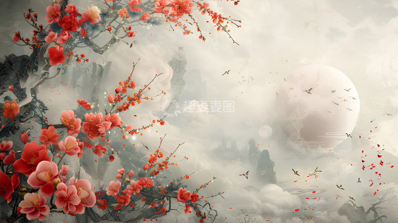 高清大图下载【趣麦麦图】中国风鲜花植物云雾唯美场景