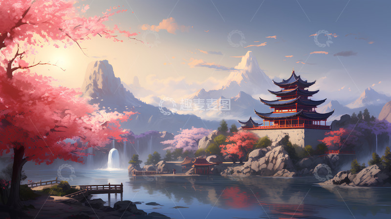 高清大图下载【趣麦麦图】中国风建筑场景山水植物插画