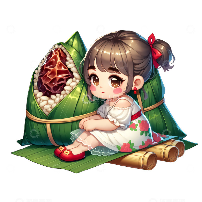 高清大图下载【趣麦麦图】可爱女孩坐在巨大的粽子旁边卡通素材