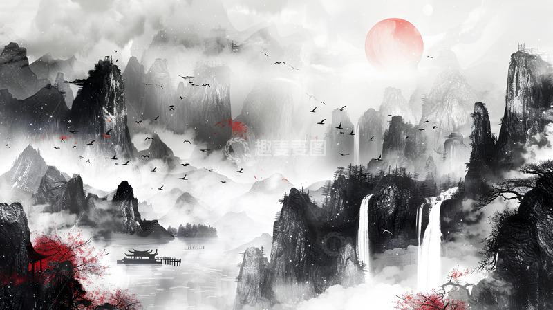 高清大图下载【趣麦麦图】中国风山水水墨黑白单色瀑布场景