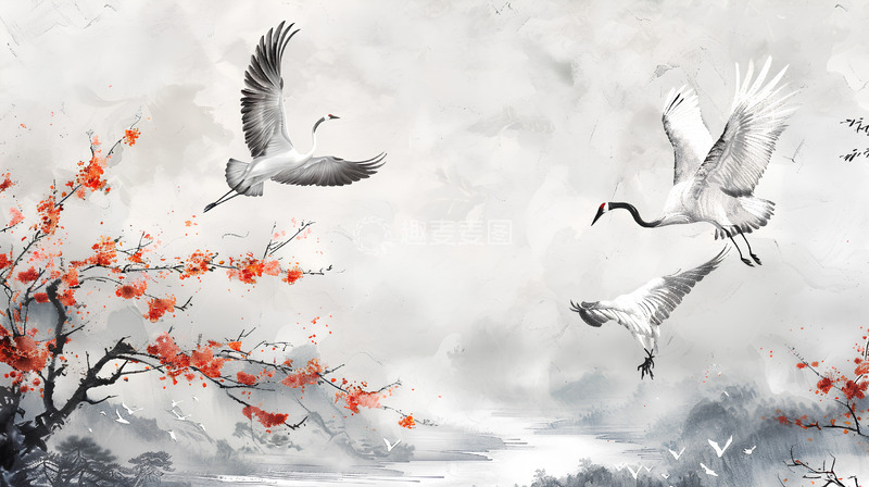 高清大图下载【趣麦麦图】水墨场景山水中国风仙鹤植物