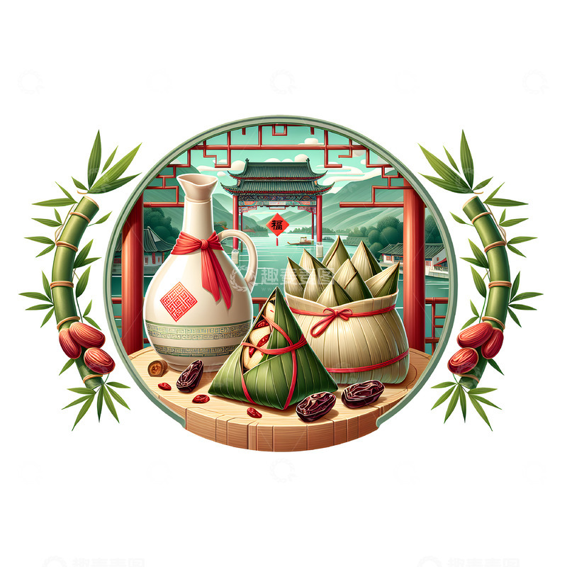 高清大图下载【趣麦麦图】端午粽子国风窗格插画素材