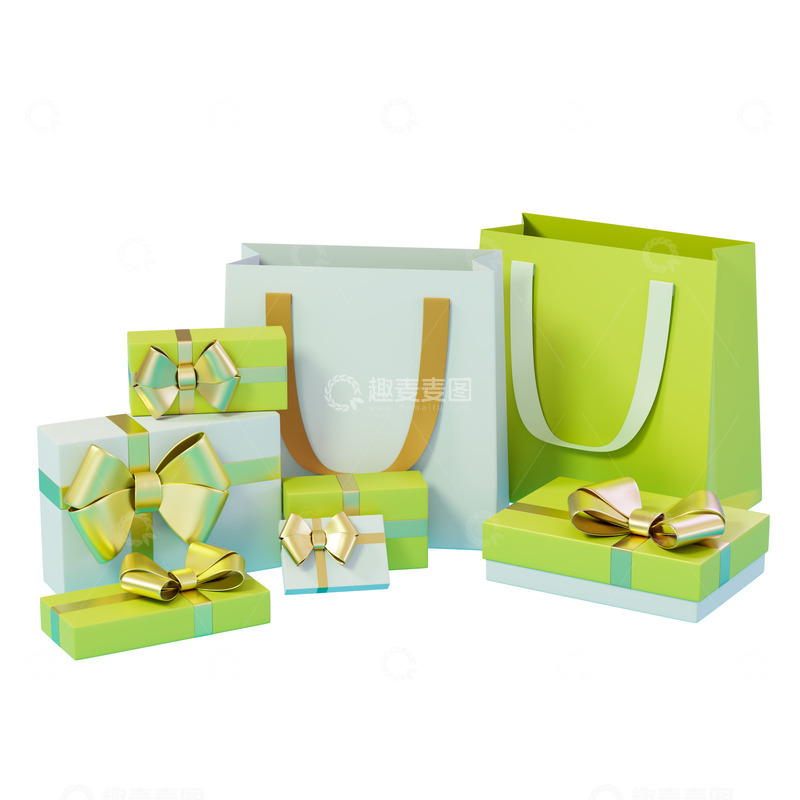 源文件下载【趣麦麦图】绿色购物袋礼品包装盒3D促销元素