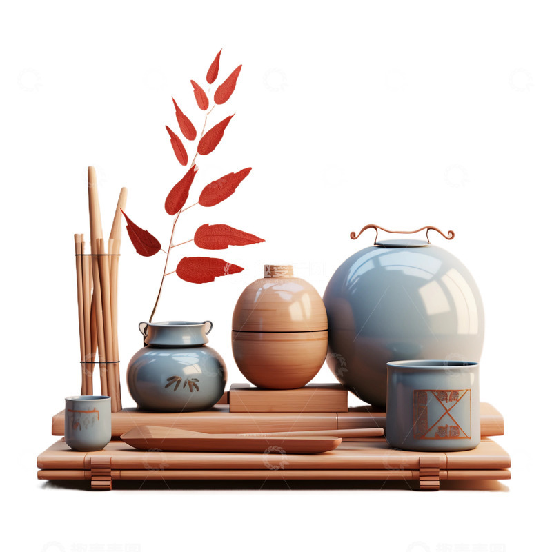 高清大图下载【趣麦麦图】3D立体真实摆台陶罐古朴