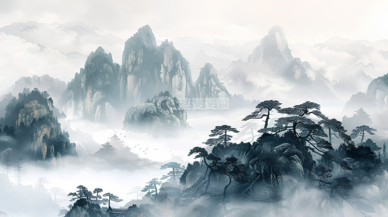 高清大图下载【趣麦麦图】山峰中国风水墨植物松树黑白插画