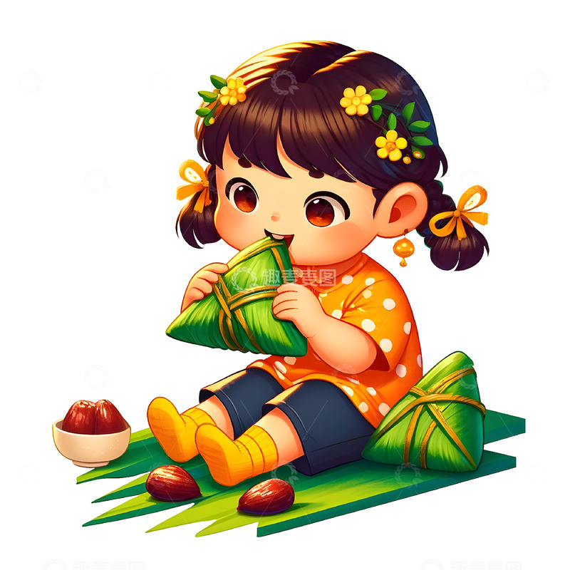 高清大图下载【趣麦麦图】吃粽子的卡通女孩素材