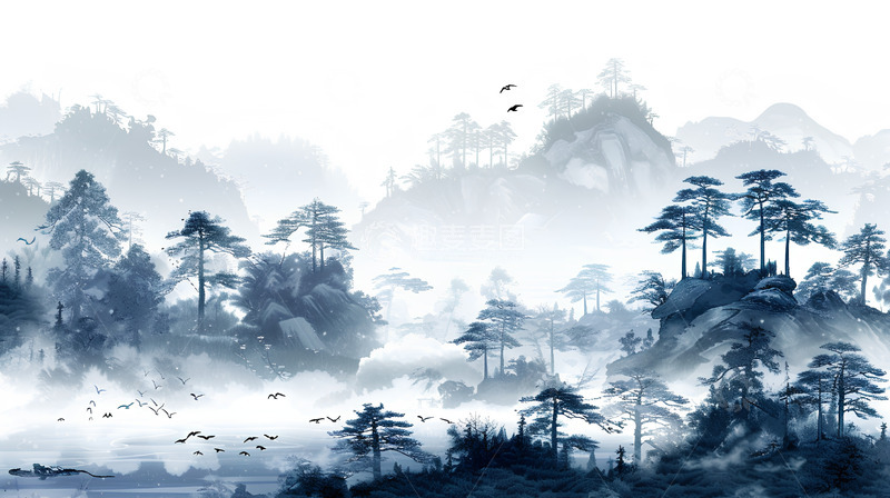 高清大图下载【趣麦麦图】中国风山水水墨黑白风景插画
