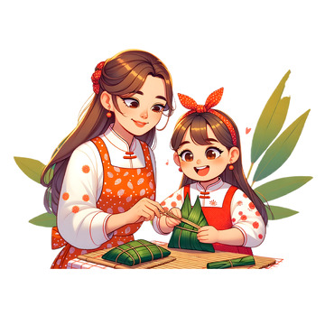 跟妈妈学包粽子卡通插画素材