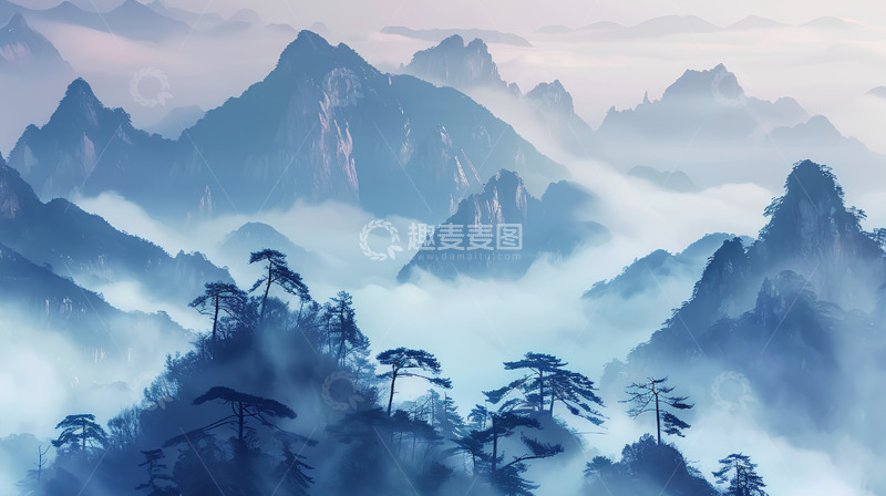 高清大图下载【趣麦麦图】蓝色单色云雾山水中国风植物风景