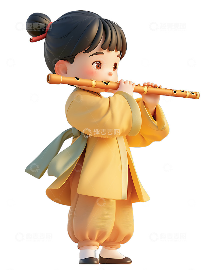 高清大图下载【趣麦麦图】古装吹笛子的汉服小孩乐器