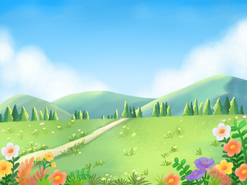 蓝天白云远山绿树草坪花草手绘背景