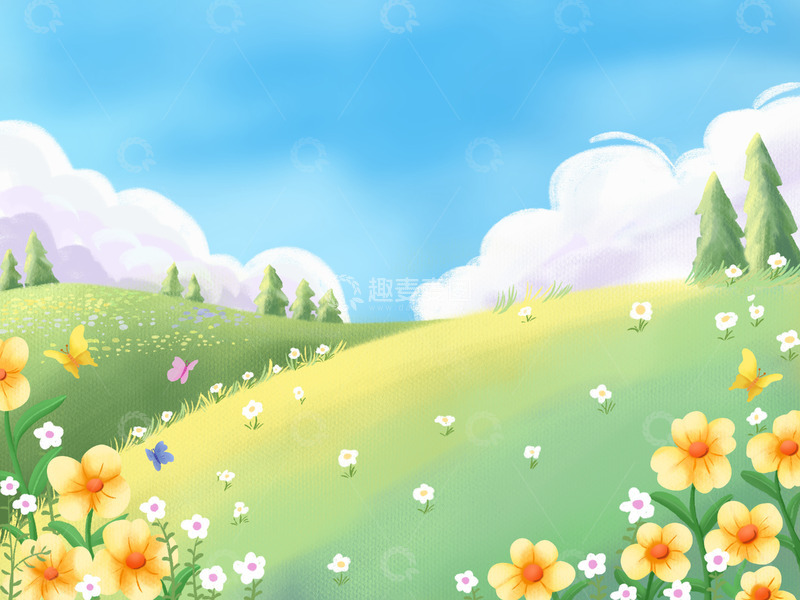 源文件下载【趣麦麦图】蓝天白云山丘草坪花草绿树