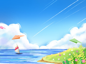 蓝天海边草坪帆船纸飞机手绘背景