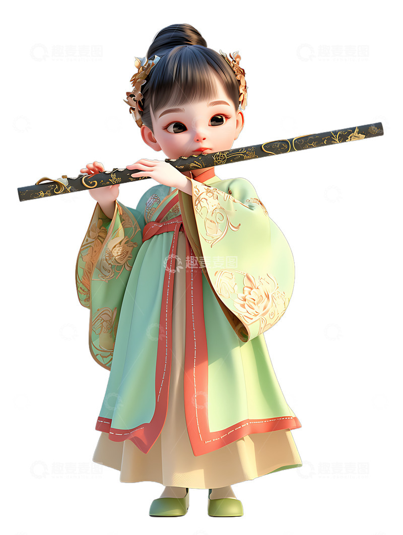 高清大图下载【趣麦麦图】古装吹笛子的汉服女孩绿色