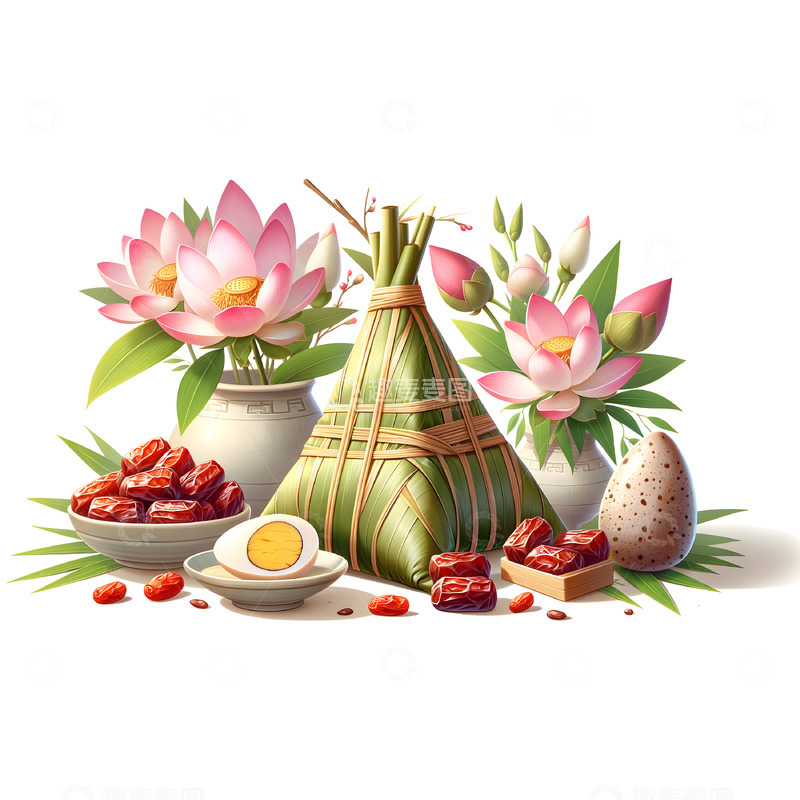 高清大图下载【趣麦麦图】鸭蛋荷花粽子插画素材