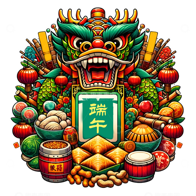 高清大图下载【趣麦麦图】龙头端午粽子插画素材