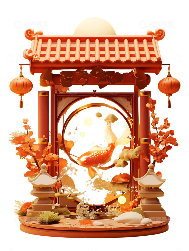 高清大图下载【趣麦麦图】鲤鱼跃龙门中式门金榜题名