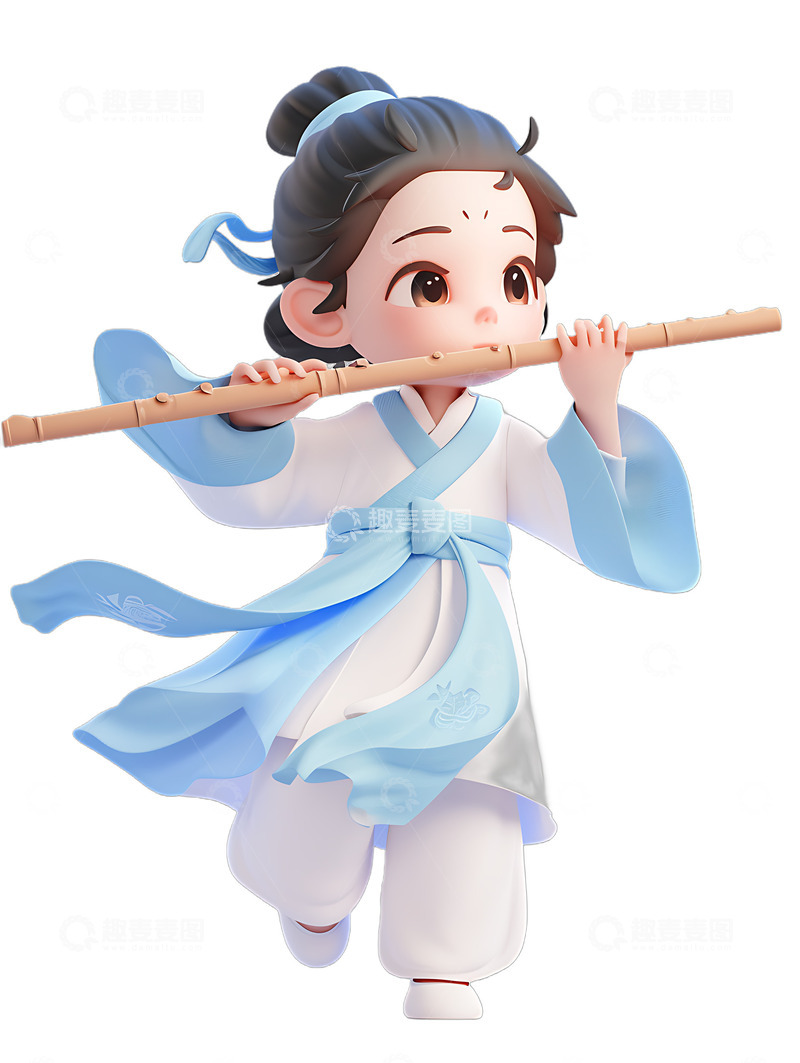 高清大图下载【趣麦麦图】古装吹笛子的汉服小孩绿色