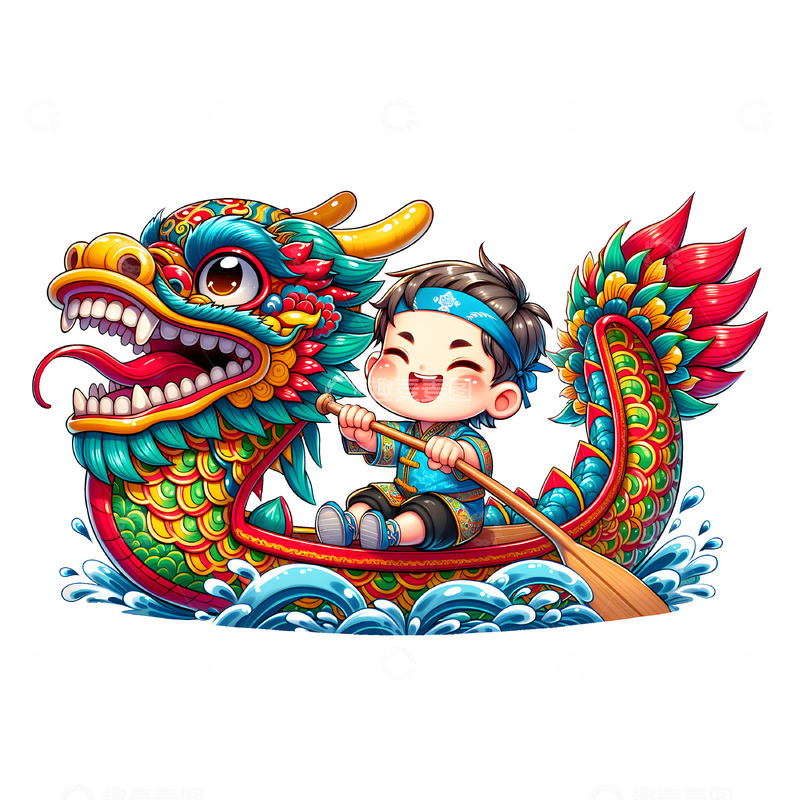 卡通划龙舟人物插画