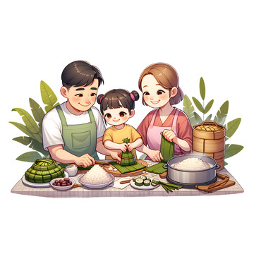 一家三口包粽子卡通插画素材