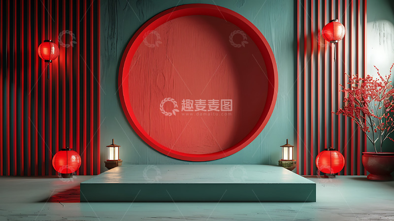 高清大图下载【趣麦麦图】中式电商背景绿色红色2